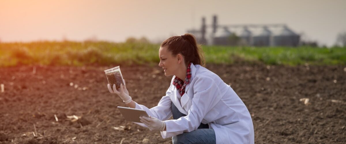Young,Pretty,Woman,Agronomist,Checking,Soil,Quality,On,Field